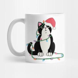 Tuxedo Cat Christmas lights funny cat lover xmas hat Mug